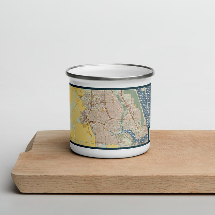 Front View Custom Port St. Lucie Florida Map Enamel Mug in Woodblock on Cutting Board