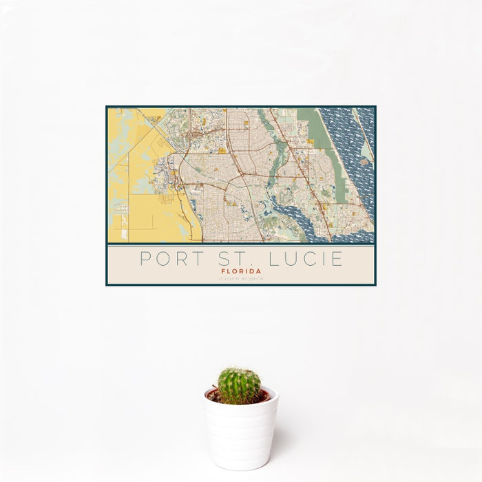 12x18 Port St. Lucie Florida Map Print Landscape Orientation in Woodblock Style With Small Cactus Plant in White Planter
