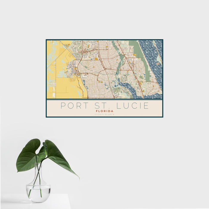 16x24 Port St. Lucie Florida Map Print Landscape Orientation in Woodblock Style With Tropical Plant Leaves in Water