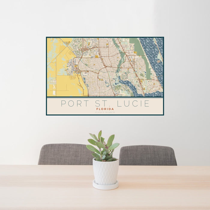 24x36 Port St. Lucie Florida Map Print Landscape Orientation in Woodblock Style Behind 2 Chairs Table and Potted Plant