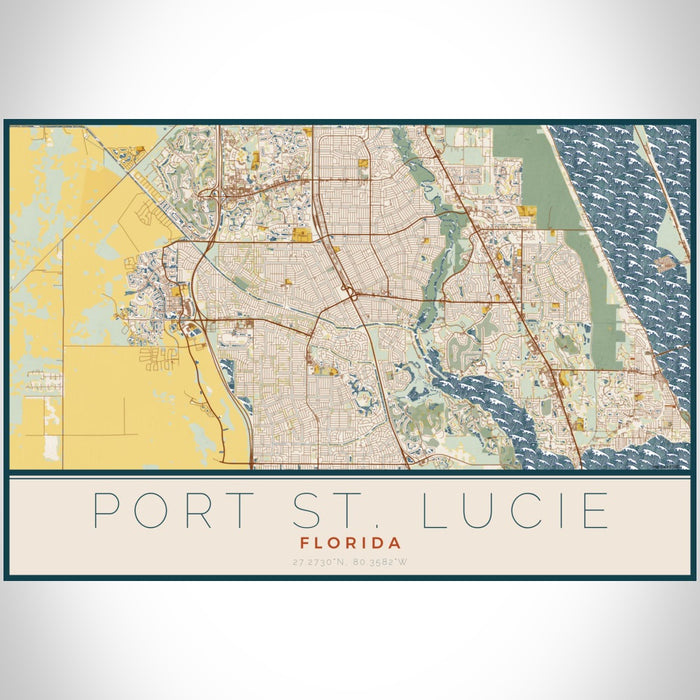 Port St. Lucie Florida Map Print Landscape Orientation in Woodblock Style With Shaded Background