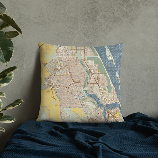 Custom Port St. Lucie Florida Map Throw Pillow in Woodblock on Bedding Against Wall