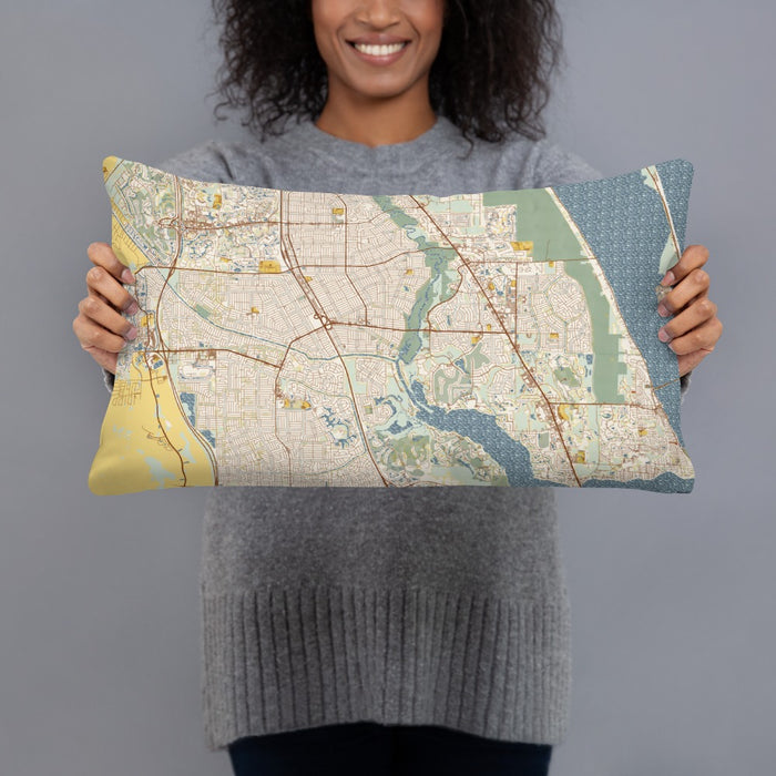 Person holding 20x12 Custom Port St. Lucie Florida Map Throw Pillow in Woodblock