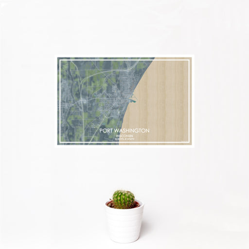 12x18 Port Washington Wisconsin Map Print Landscape Orientation in Afternoon Style With Small Cactus Plant in White Planter