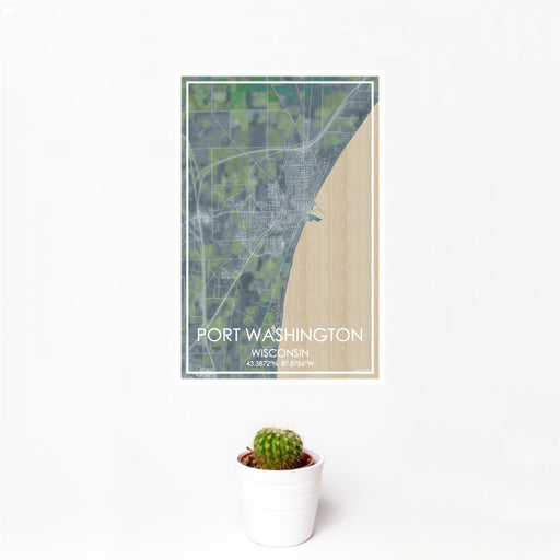 12x18 Port Washington Wisconsin Map Print Portrait Orientation in Afternoon Style With Small Cactus Plant in White Planter
