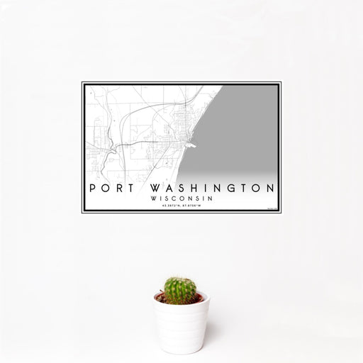 12x18 Port Washington Wisconsin Map Print Landscape Orientation in Classic Style With Small Cactus Plant in White Planter