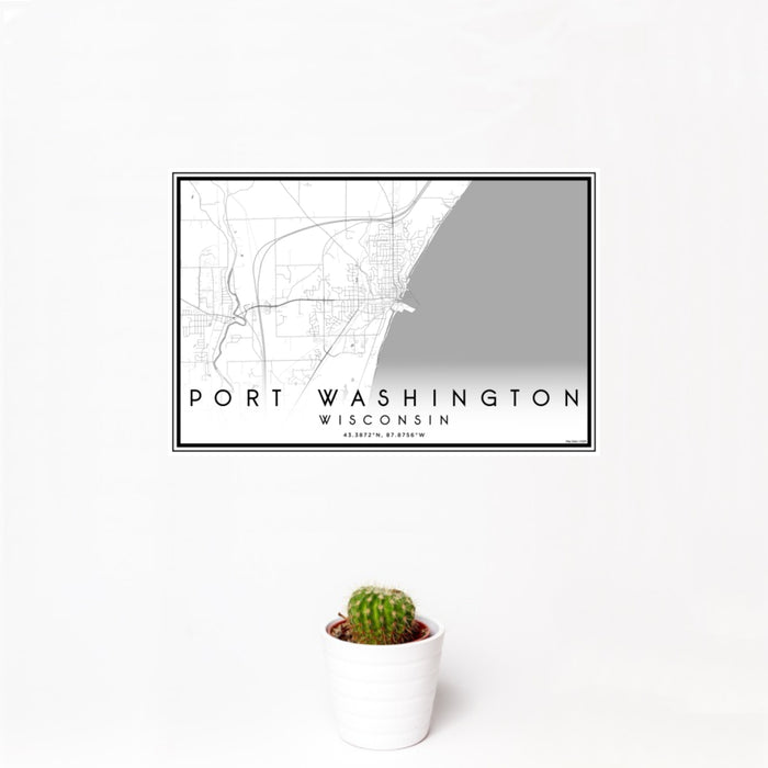 12x18 Port Washington Wisconsin Map Print Landscape Orientation in Classic Style With Small Cactus Plant in White Planter