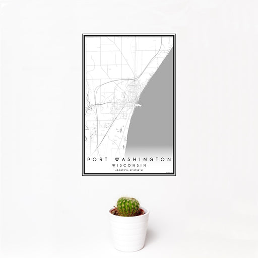 12x18 Port Washington Wisconsin Map Print Portrait Orientation in Classic Style With Small Cactus Plant in White Planter