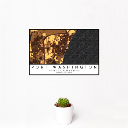 12x18 Port Washington Wisconsin Map Print Landscape Orientation in Ember Style With Small Cactus Plant in White Planter