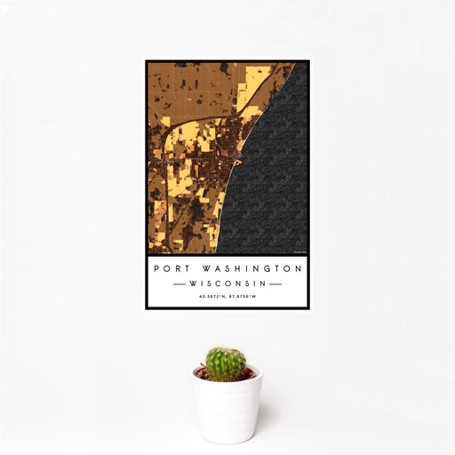 12x18 Port Washington Wisconsin Map Print Portrait Orientation in Ember Style With Small Cactus Plant in White Planter