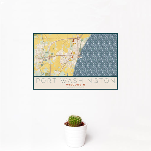 12x18 Port Washington Wisconsin Map Print Landscape Orientation in Woodblock Style With Small Cactus Plant in White Planter