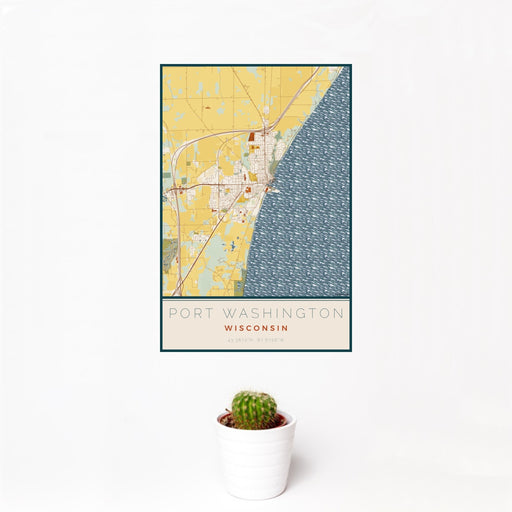 12x18 Port Washington Wisconsin Map Print Portrait Orientation in Woodblock Style With Small Cactus Plant in White Planter