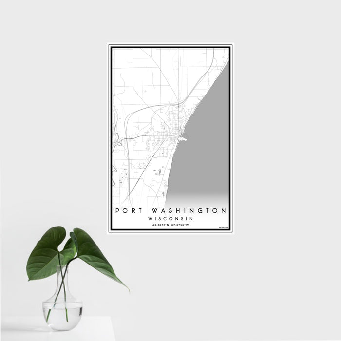 16x24 Port Washington Wisconsin Map Print Portrait Orientation in Classic Style With Tropical Plant Leaves in Water