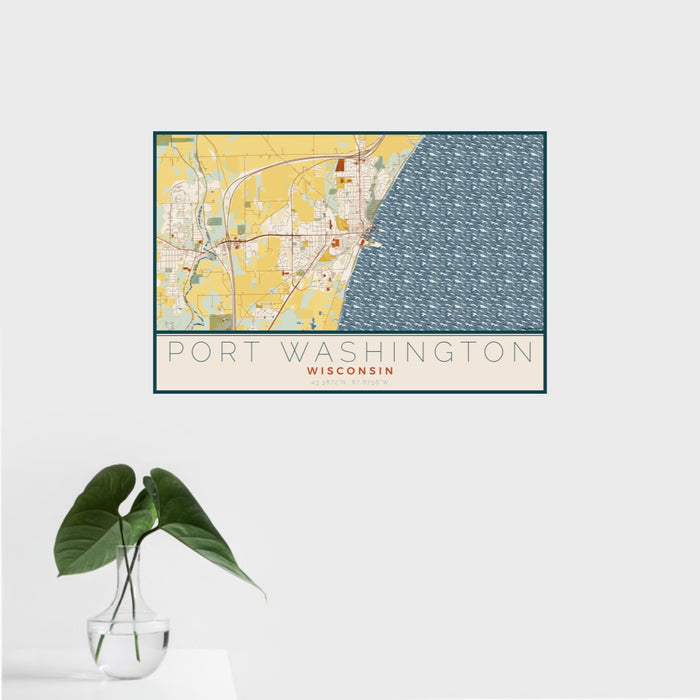 16x24 Port Washington Wisconsin Map Print Landscape Orientation in Woodblock Style With Tropical Plant Leaves in Water