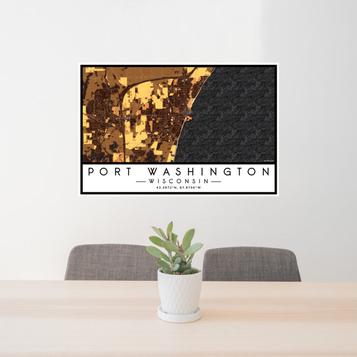 24x36 Port Washington Wisconsin Map Print Lanscape Orientation in Ember Style Behind 2 Chairs Table and Potted Plant