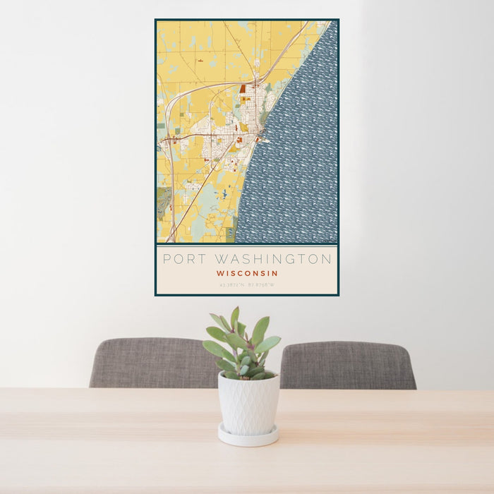 24x36 Port Washington Wisconsin Map Print Portrait Orientation in Woodblock Style Behind 2 Chairs Table and Potted Plant