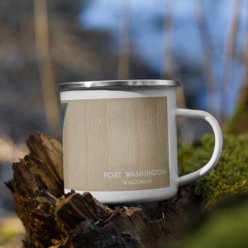 Right View Custom Port Washington Wisconsin Map Enamel Mug in Afternoon on Grass With Trees in Background