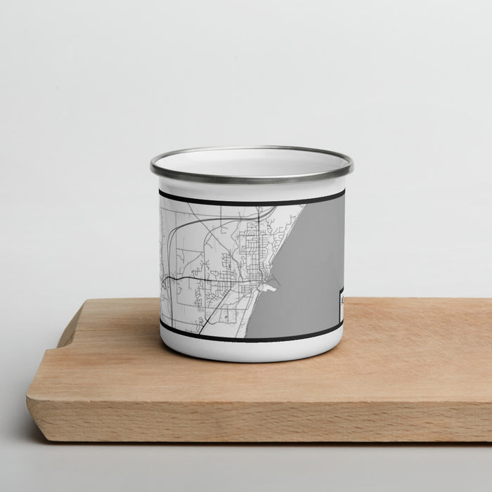 Front View Custom Port Washington Wisconsin Map Enamel Mug in Classic on Cutting Board