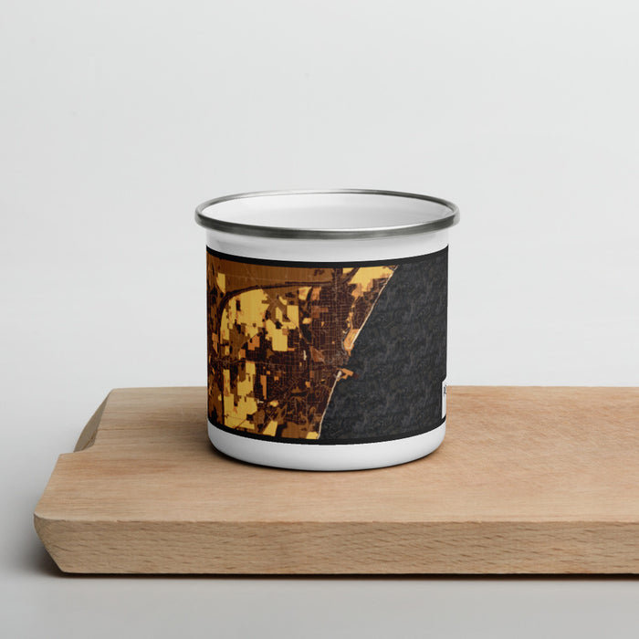 Front View Custom Port Washington Wisconsin Map Enamel Mug in Ember on Cutting Board