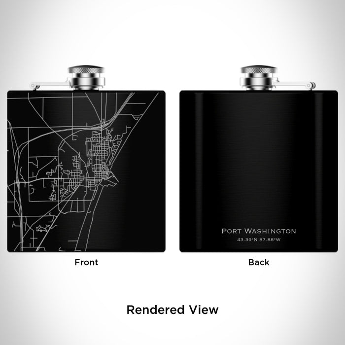 Rendered View of Port Washington Wisconsin Map Engraving on 6oz Stainless Steel Flask in Black