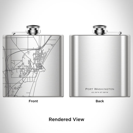 Rendered View of Port Washington Wisconsin Map Engraving on 6oz Stainless Steel Flask