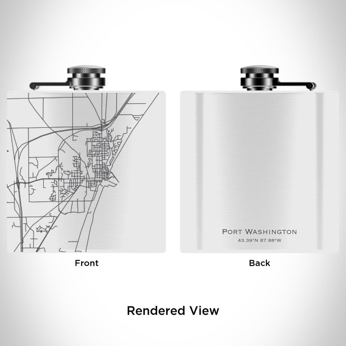 Rendered View of Port Washington Wisconsin Map Engraving on 6oz Stainless Steel Flask in White