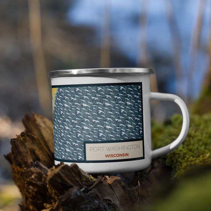 Right View Custom Port Washington Wisconsin Map Enamel Mug in Woodblock on Grass With Trees in Background