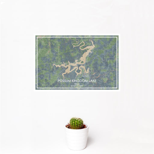 12x18 Possum Kingdom Lake Texas Map Print Landscape Orientation in Afternoon Style With Small Cactus Plant in White Planter