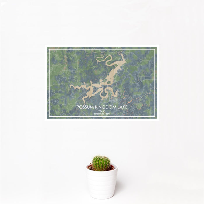 12x18 Possum Kingdom Lake Texas Map Print Landscape Orientation in Afternoon Style With Small Cactus Plant in White Planter