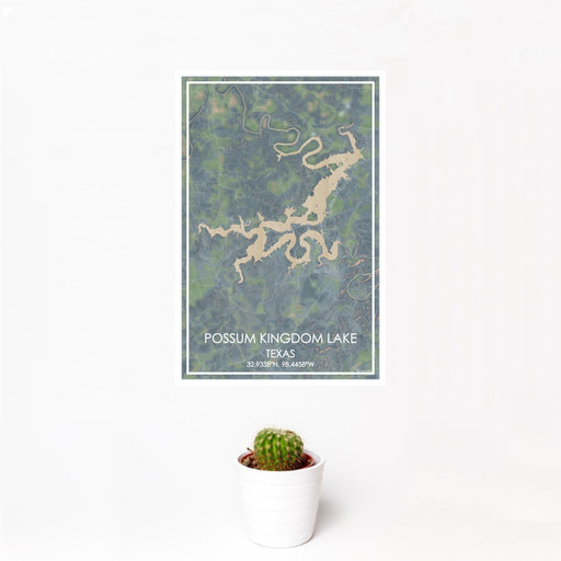 12x18 Possum Kingdom Lake Texas Map Print Portrait Orientation in Afternoon Style With Small Cactus Plant in White Planter