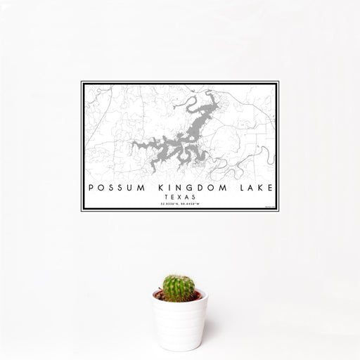 12x18 Possum Kingdom Lake Texas Map Print Landscape Orientation in Classic Style With Small Cactus Plant in White Planter