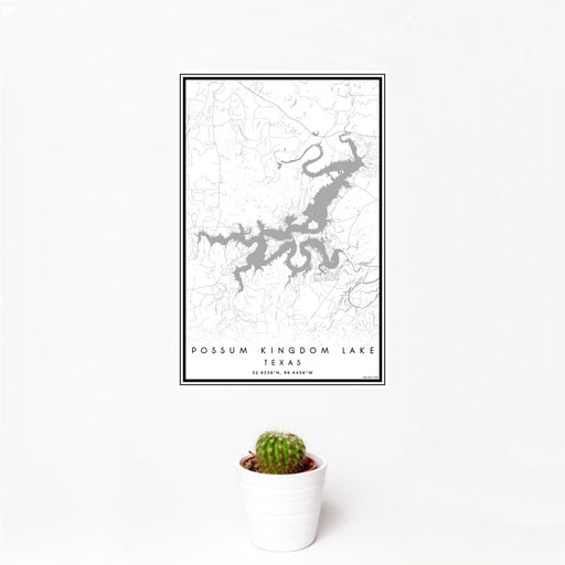 12x18 Possum Kingdom Lake Texas Map Print Portrait Orientation in Classic Style With Small Cactus Plant in White Planter