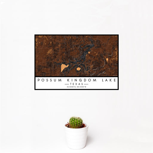 12x18 Possum Kingdom Lake Texas Map Print Landscape Orientation in Ember Style With Small Cactus Plant in White Planter