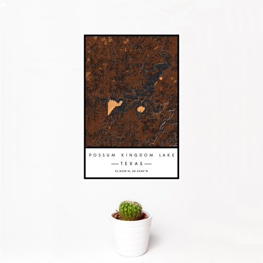 12x18 Possum Kingdom Lake Texas Map Print Portrait Orientation in Ember Style With Small Cactus Plant in White Planter
