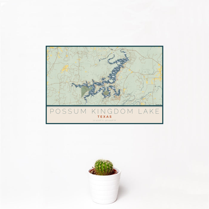 12x18 Possum Kingdom Lake Texas Map Print Landscape Orientation in Woodblock Style With Small Cactus Plant in White Planter