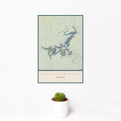 12x18 Possum Kingdom Lake Texas Map Print Portrait Orientation in Woodblock Style With Small Cactus Plant in White Planter