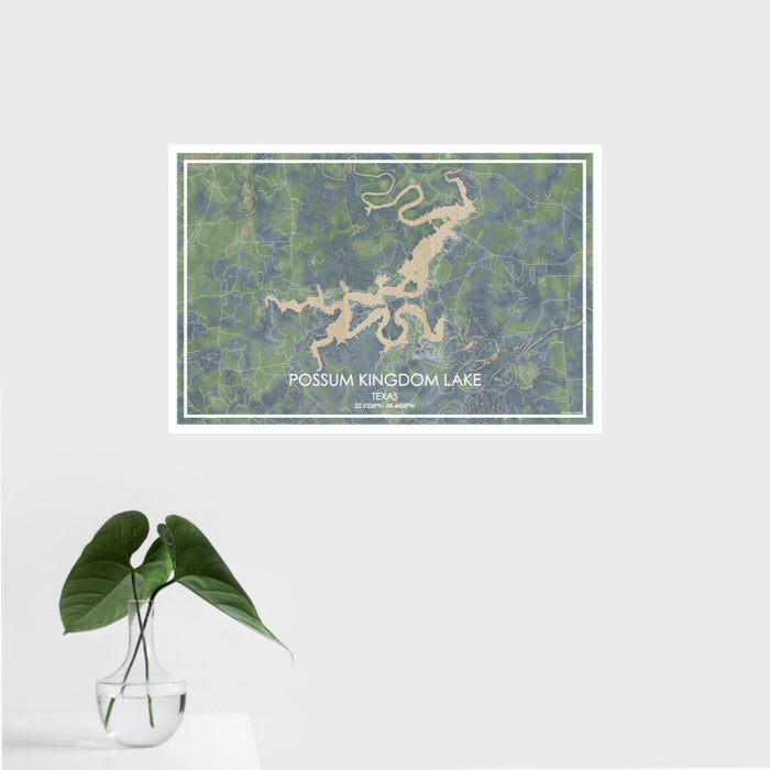 16x24 Possum Kingdom Lake Texas Map Print Landscape Orientation in Afternoon Style With Tropical Plant Leaves in Water