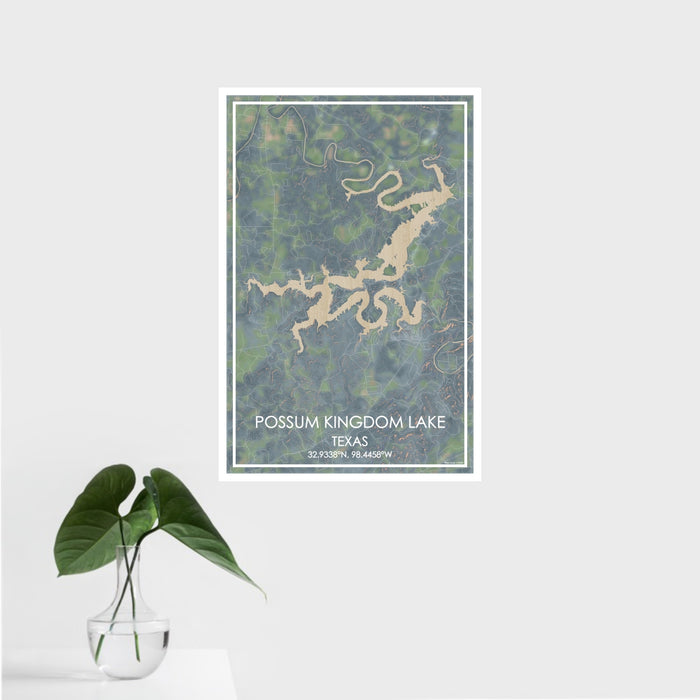 16x24 Possum Kingdom Lake Texas Map Print Portrait Orientation in Afternoon Style With Tropical Plant Leaves in Water