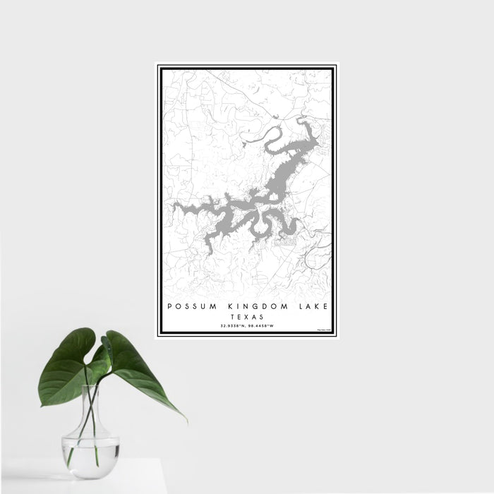 16x24 Possum Kingdom Lake Texas Map Print Portrait Orientation in Classic Style With Tropical Plant Leaves in Water