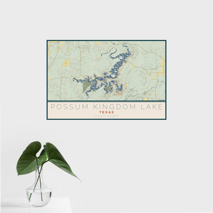 16x24 Possum Kingdom Lake Texas Map Print Landscape Orientation in Woodblock Style With Tropical Plant Leaves in Water