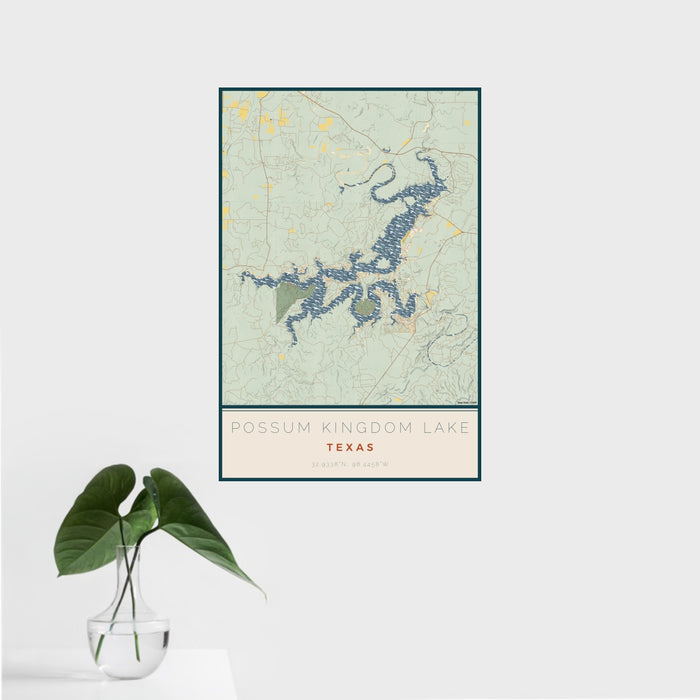 16x24 Possum Kingdom Lake Texas Map Print Portrait Orientation in Woodblock Style With Tropical Plant Leaves in Water