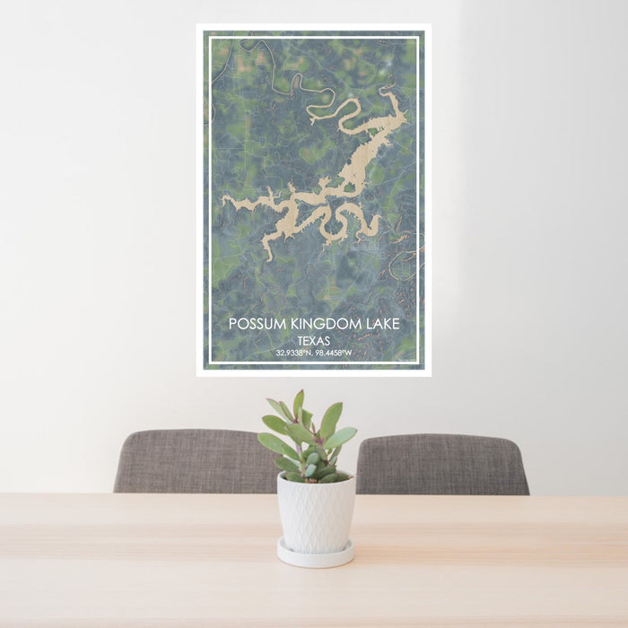 24x36 Possum Kingdom Lake Texas Map Print Portrait Orientation in Afternoon Style Behind 2 Chairs Table and Potted Plant