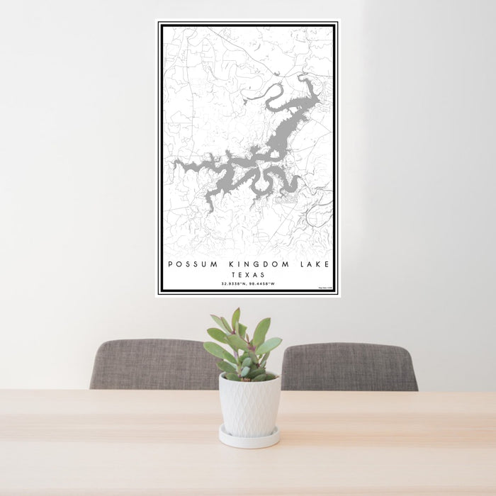24x36 Possum Kingdom Lake Texas Map Print Portrait Orientation in Classic Style Behind 2 Chairs Table and Potted Plant