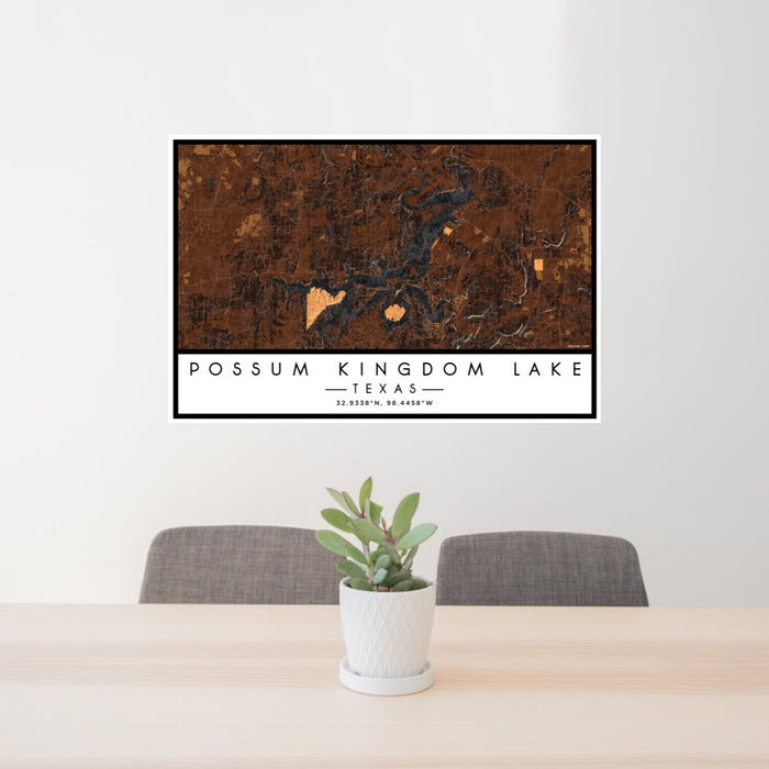 24x36 Possum Kingdom Lake Texas Map Print Lanscape Orientation in Ember Style Behind 2 Chairs Table and Potted Plant