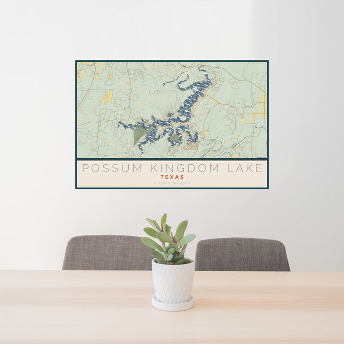 24x36 Possum Kingdom Lake Texas Map Print Lanscape Orientation in Woodblock Style Behind 2 Chairs Table and Potted Plant