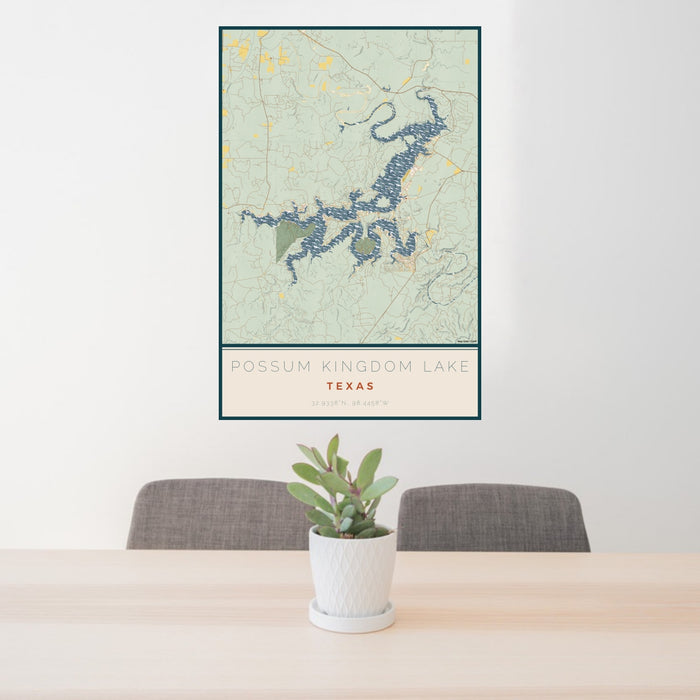 24x36 Possum Kingdom Lake Texas Map Print Portrait Orientation in Woodblock Style Behind 2 Chairs Table and Potted Plant