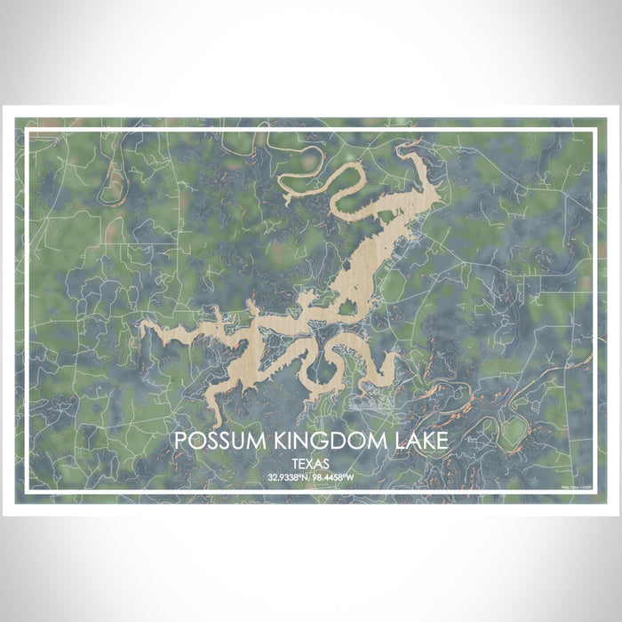 Possum Kingdom Lake Texas Map Print Landscape Orientation in Afternoon Style With Shaded Background
