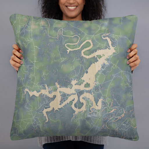 Person holding 22x22 Custom Possum Kingdom Lake Texas Map Throw Pillow in Afternoon