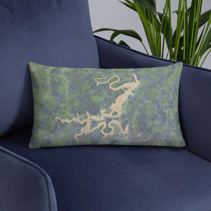 Custom Possum Kingdom Lake Texas Map Throw Pillow in Afternoon on Blue Colored Chair