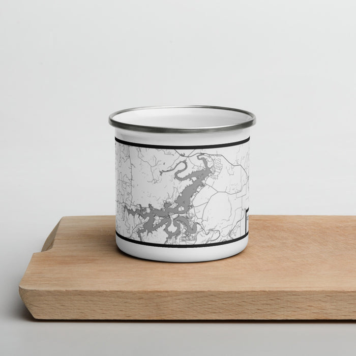 Front View Custom Possum Kingdom Lake Texas Map Enamel Mug in Classic on Cutting Board